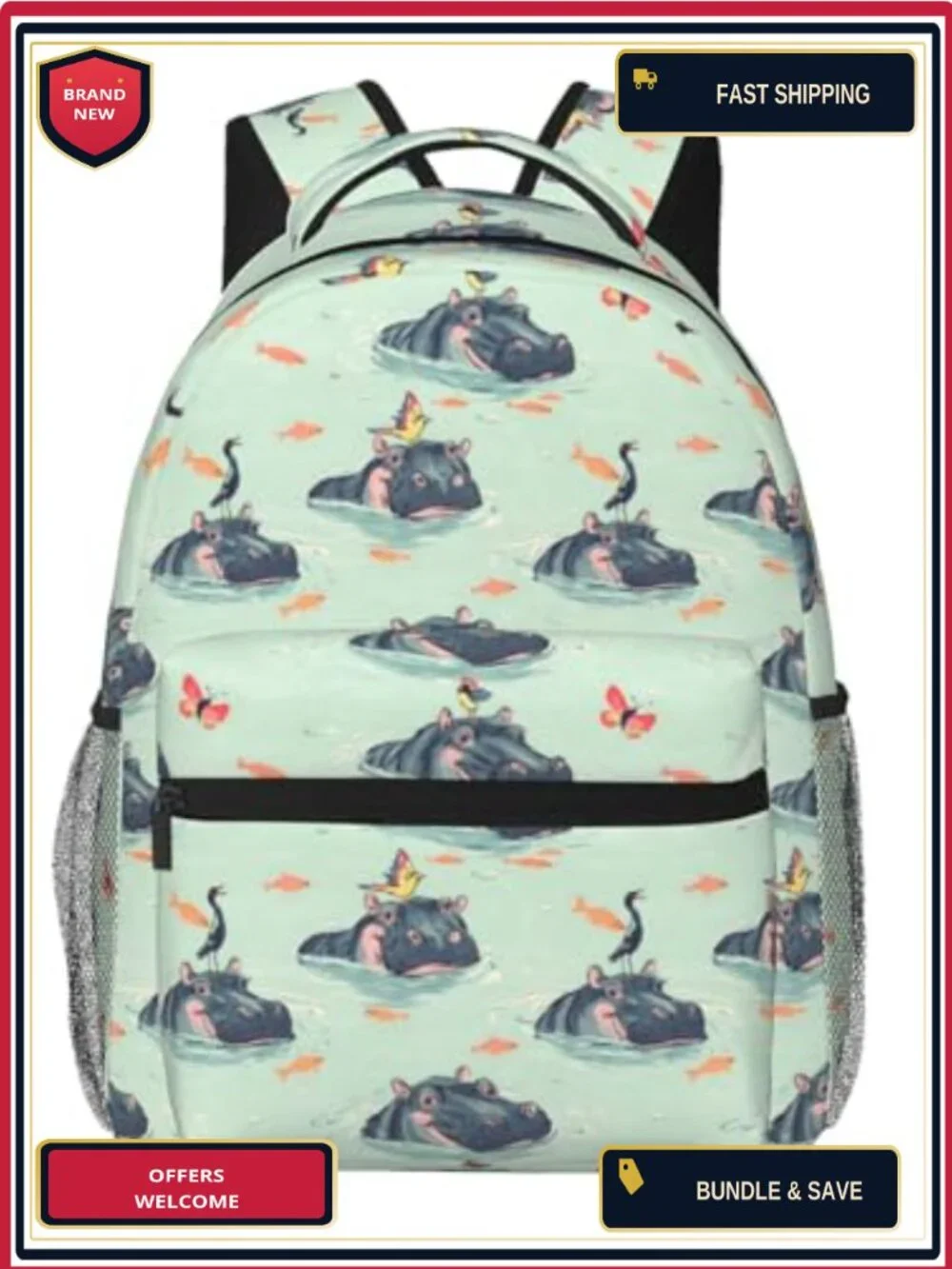 Cute Hippo Casual Backpack for Laptop, School, Travel Hiking - Polyester